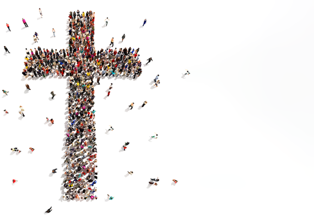 Ett kors format av pyttesmå människor som samlas