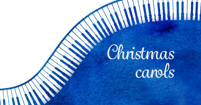 Illustration av tangentbord i blått och vitt med texten Christmas Carols
