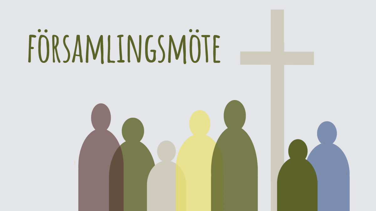 Kallelse till församlingsmöte, illustrerat med människor som samlas runt korset.