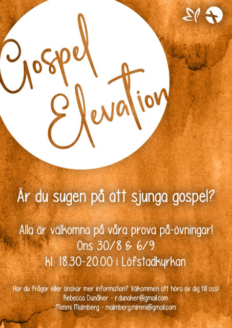 Gospel Elevations logga med inbjudan till prova-på-övningar hösten 2023.