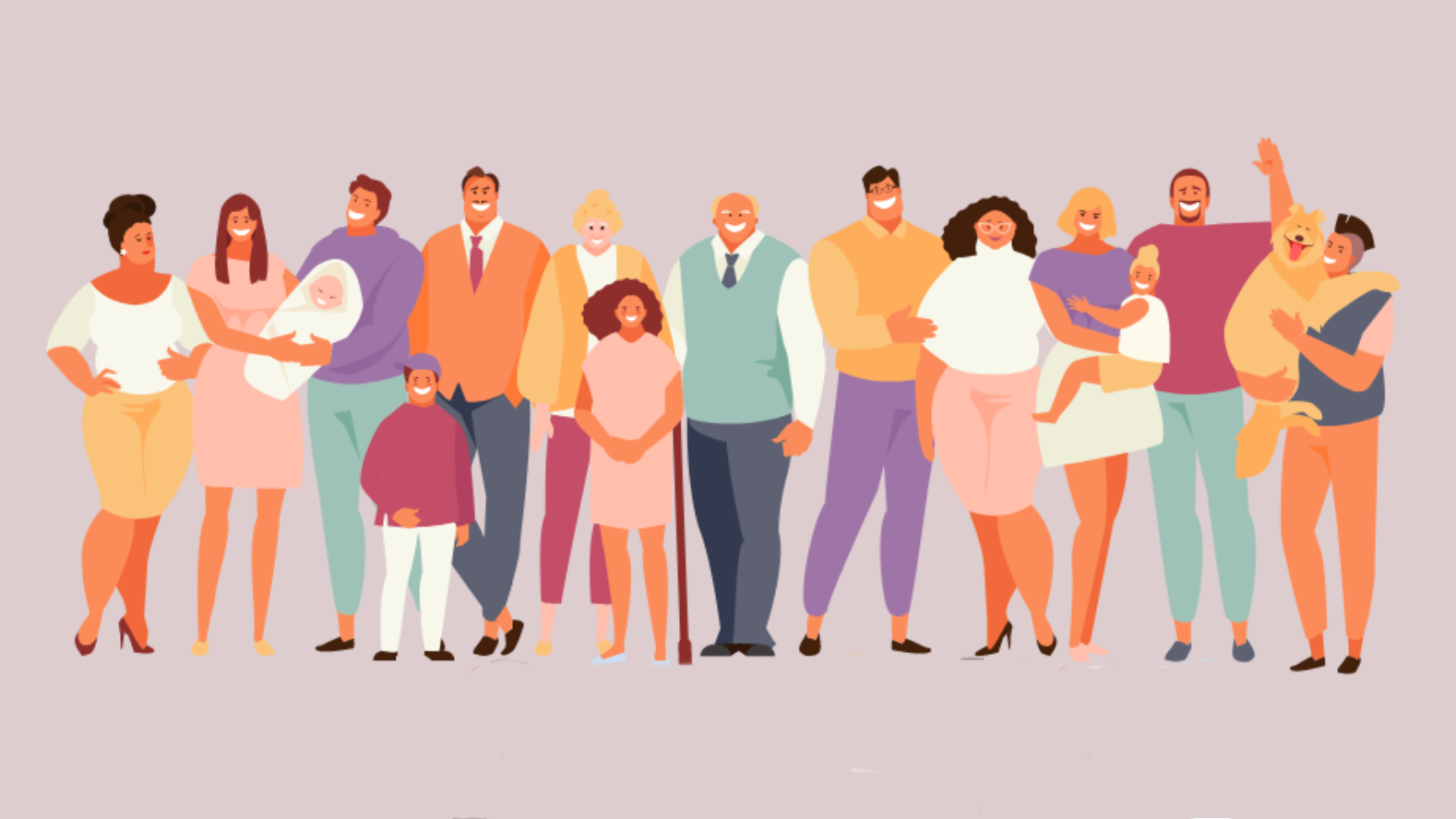 Illustration med människor i olika åldrar mot rosa bakrund