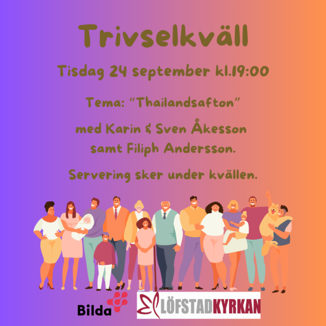 Animerad bild med människor i olika åldrar, med text om trivselkvällen