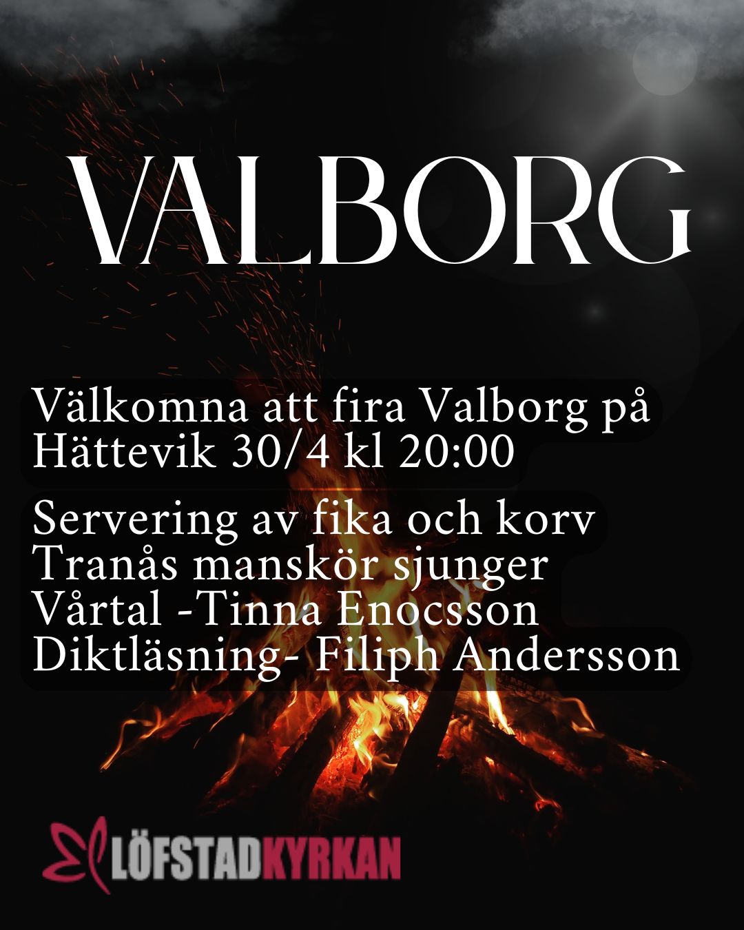 Bild av brasa med info om evenemangets innehåll