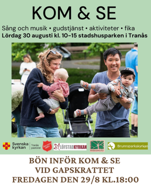 Bild på barnfamilj och information om evenemanget Kom och se