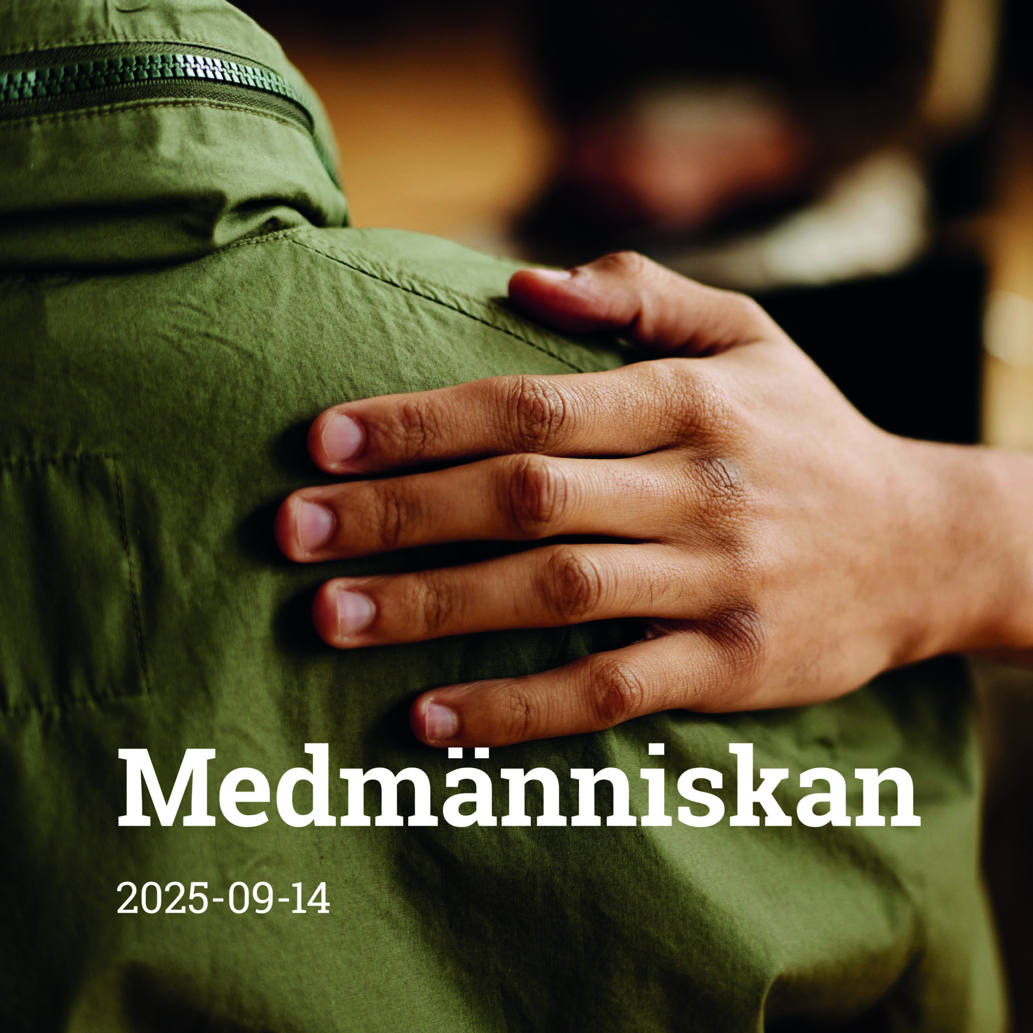 Hand på axel ackompanjerat av temat för dagens predikan: Medmänniskan